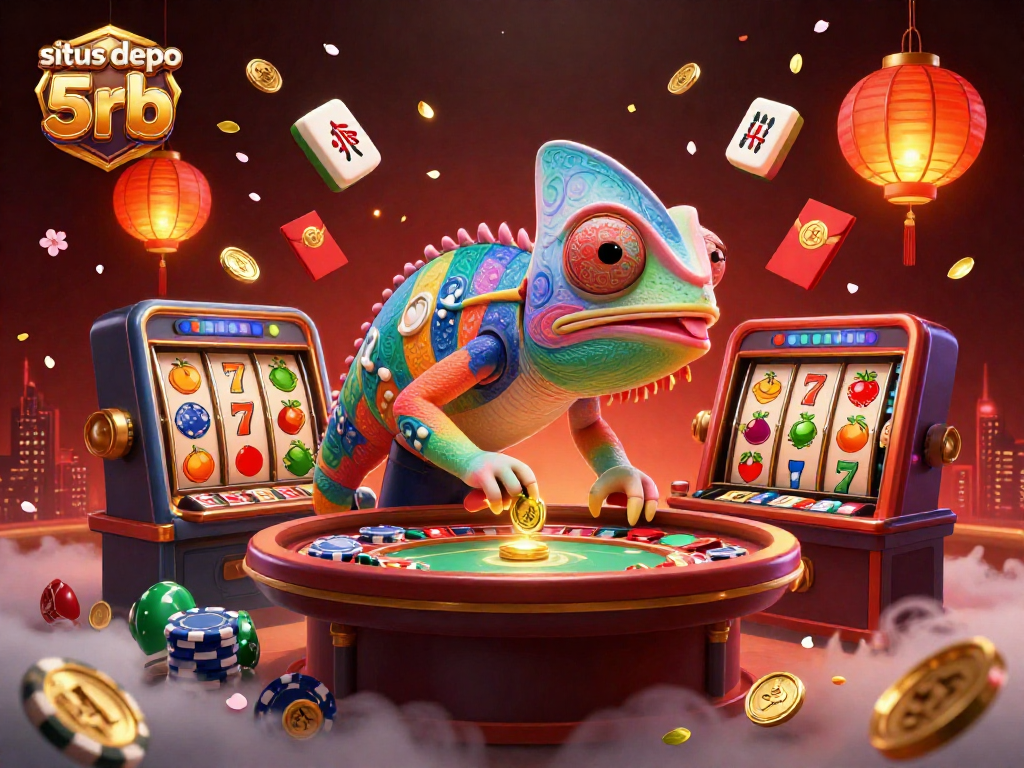 Engage with situs depo 5rb's vibrant online slots scene featuring a chameleon casino owner capturing golden coins amidst rich casino elements.