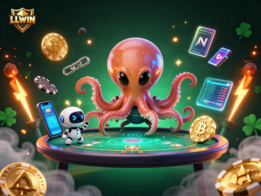 LLWIN showcases an alien octopus at a holographic poker table, radiating excitement.