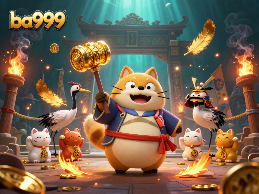 Experience winning strategies with BA999 as colorful fortune cats and a cheerful tanuki create a lively casino atmosphere.