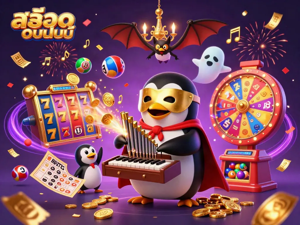 Experience thrilling สล็อตออนไลน์ action with a lively 3D penguin playing an organ and vibrant game elements.