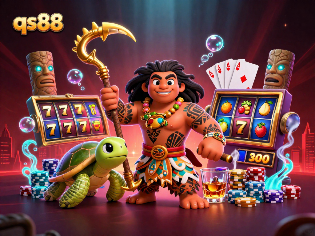 Experience excitement with qs88 as a demigod hawk and turtle navigate a vibrant casino scene filled with jackpots.