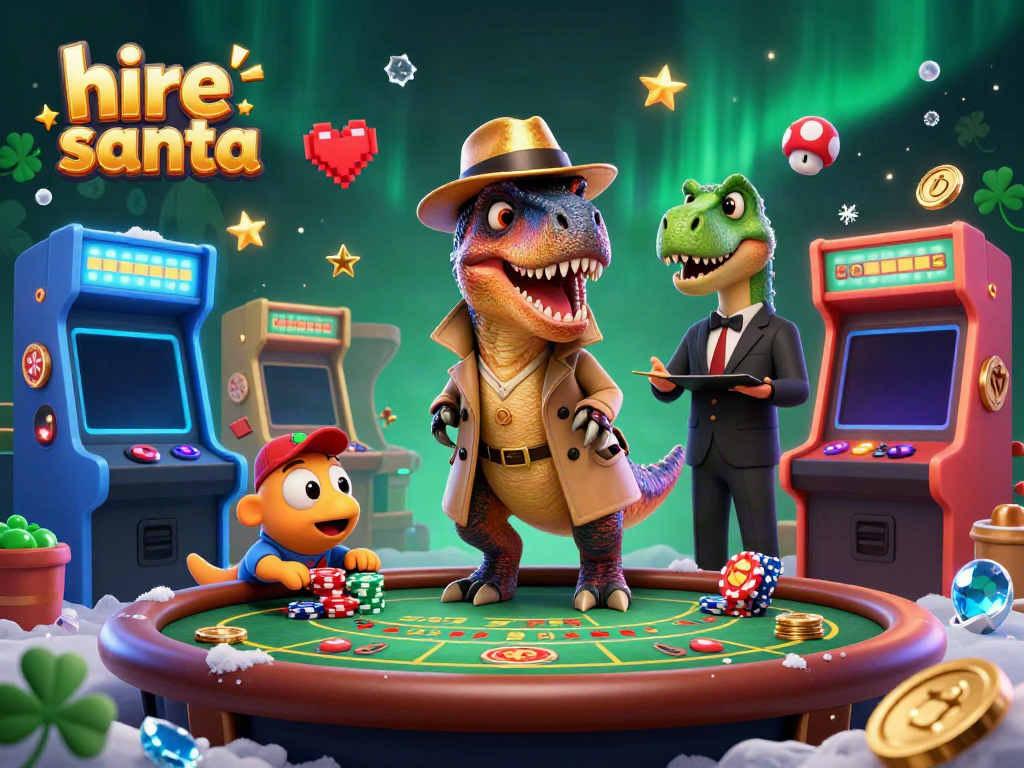 Hire Santa with a flashy casino backdrop, featuring a velociraptor card counter and stegosaurus pit boss.