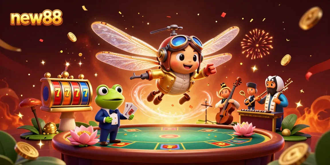 Experience excitement at new88 with a vibrant casino scene showcasing a dragonfly pilot, frog croupier, and festive atmosphere.