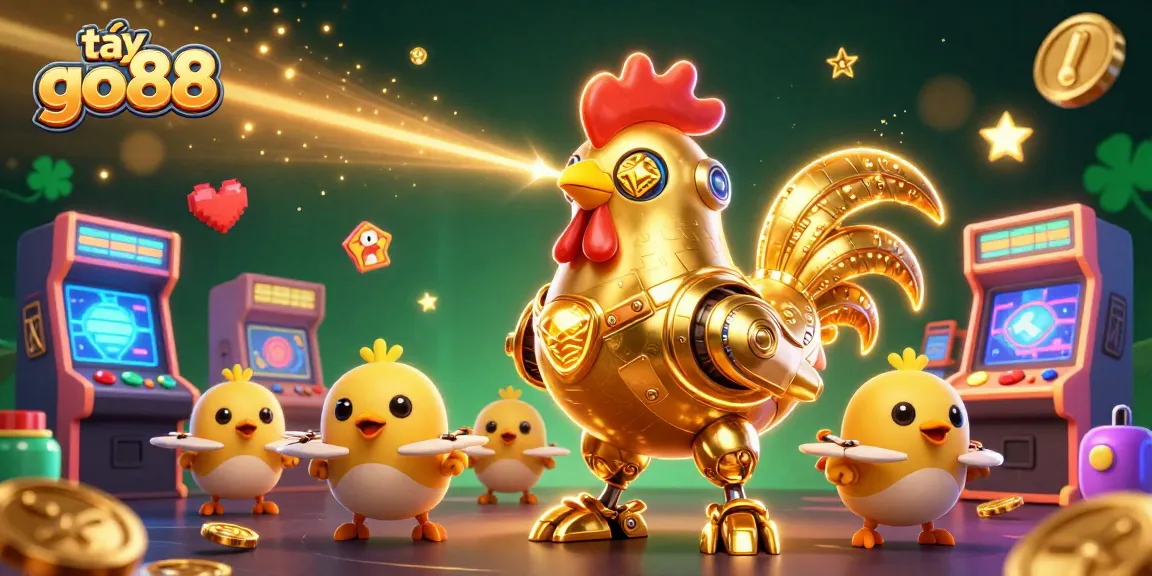 Play exciting casino games and tải go88 with vibrant golden rooster robot and cheerful drones.