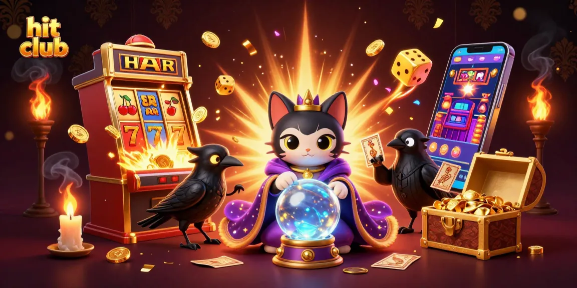 Experience big wins at hit club with a vibrant slot machine and mystical characters surrounded by dazzling effects.