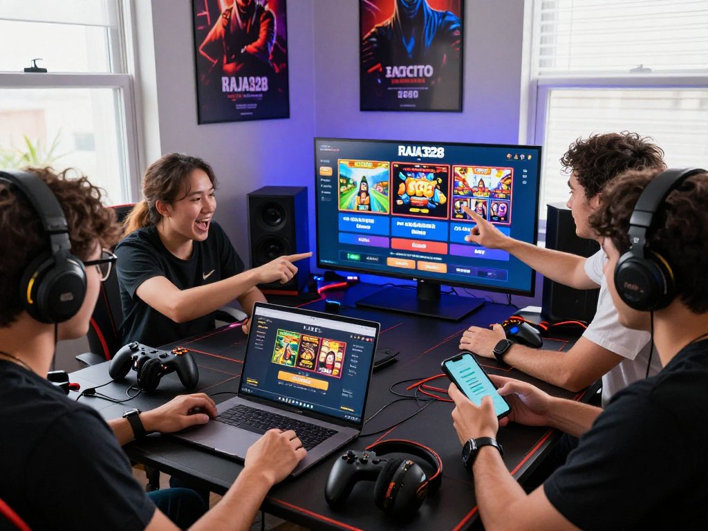 Diverse friends engaged with link alternatif raja328 on gaming screens in a vibrant room.