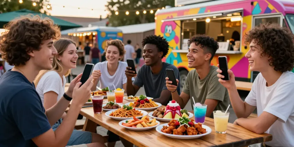Delicious viral dishes from rokok88 enjoyed by millennials outdoors in vibrant food scene.