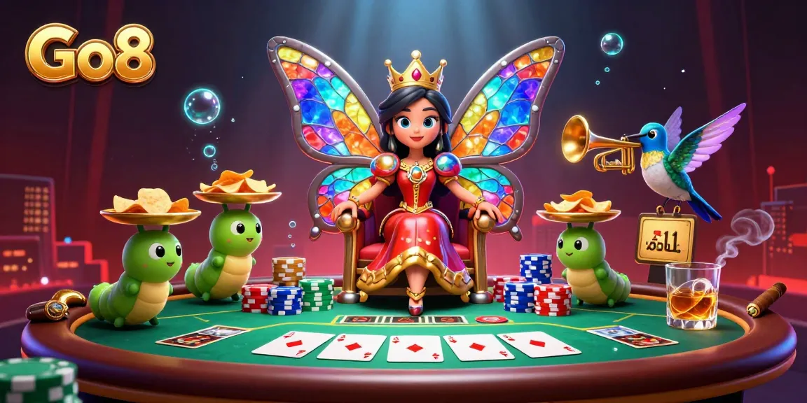 Engage with Go8's vibrant casino scene featuring a butterfly queen and rich gaming elements!