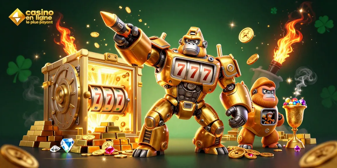 Illustration 3D vibrante du casino en ligne le plus payant avec un gorille mech et des trésors scintillants.