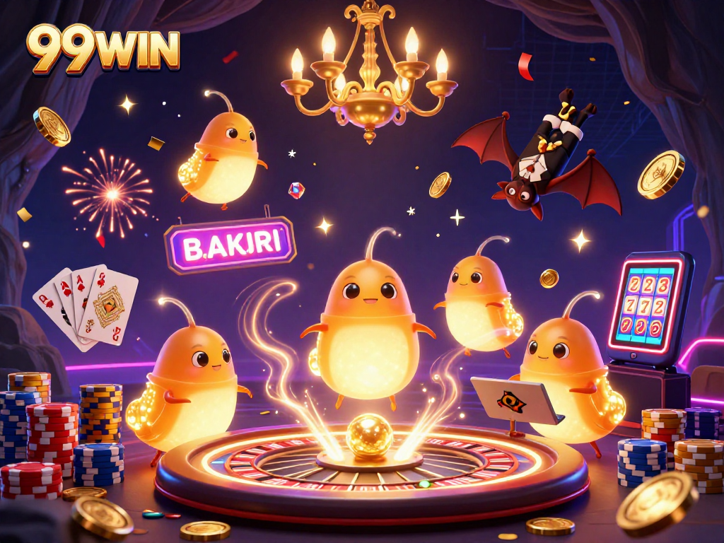 Engage in thrilling gameplay at 99WIN's vibrant cave casino, illuminated by glowworms and dynamic game elements.