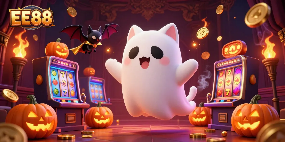 EE88 showcases a ghost cat and vampire bat in a haunted casino scene filled with vibrant slot machines.