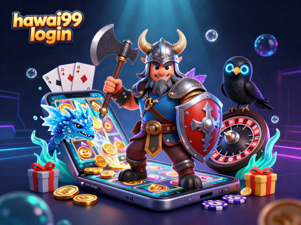 Join the hawai99 login adventure with a Viking warrior, dragon, and raven in a colorful casino scene.