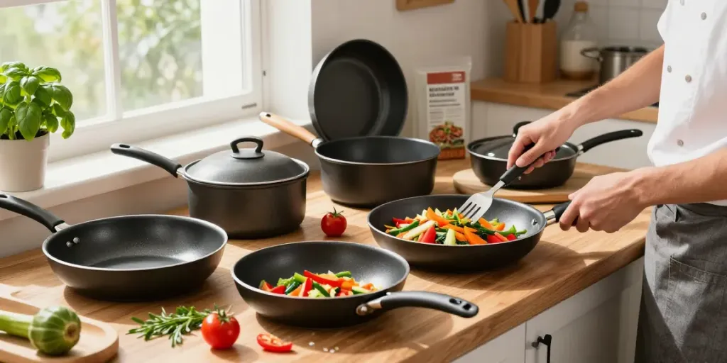 Explore the latest Non-Stick Cookware price in bangladesh while cooking vibrant dishes in a sunlit kitchen.