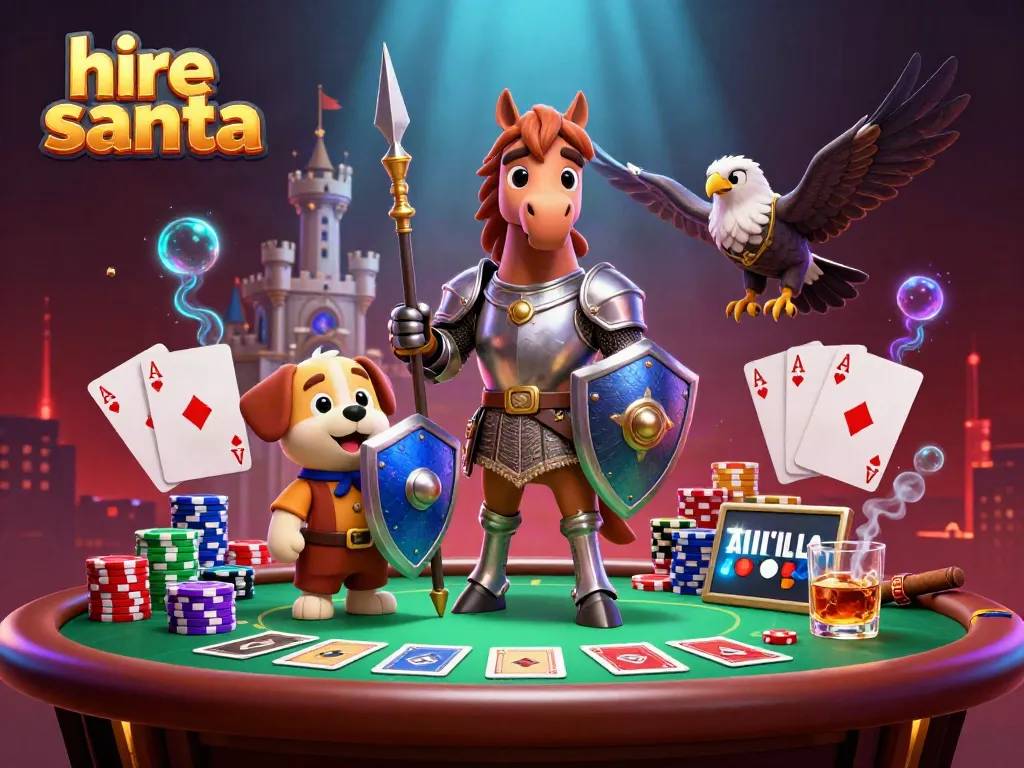 Engaging scene showing a knight, squire, and falcon playing poker at a vibrant casino table while preparing to hire Santa.