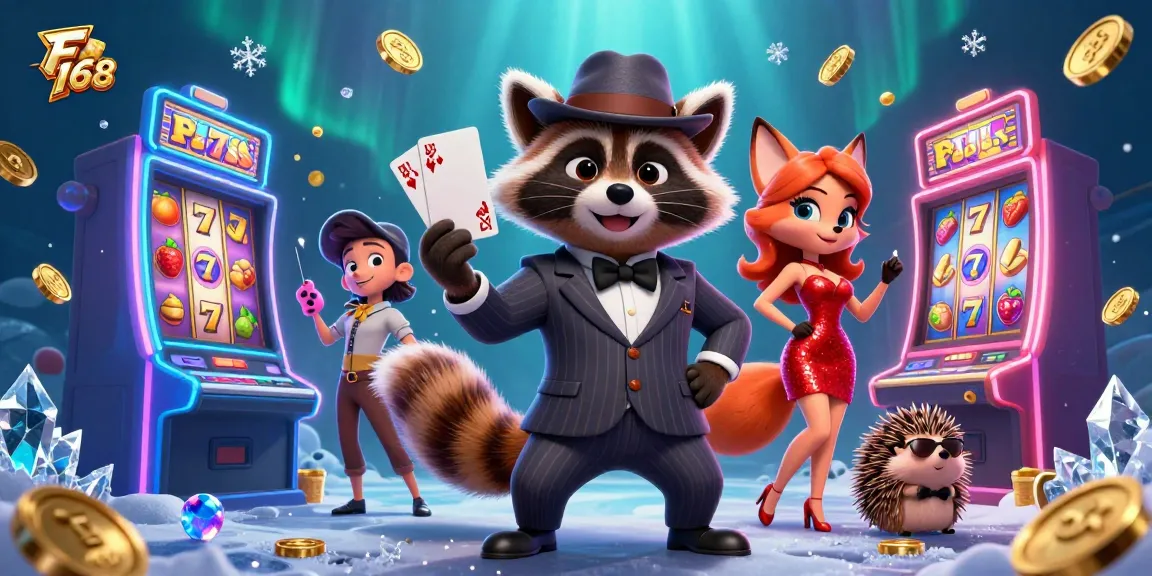Experience the thrill of F 168 as the suave raccoon flaunts a royal flush amidst slot machines.