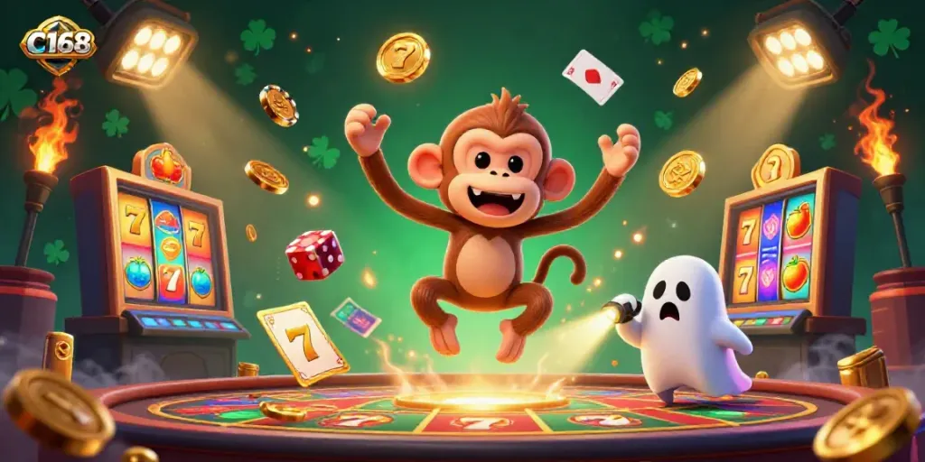 C168 showcases a poltergeist monkey juggling golden objects in a lively casino scene, capturing the thrills of gaming.
