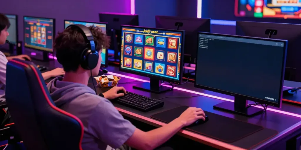 Engaged player in home gaming setup enjoying judi slot games on multiple monitors.