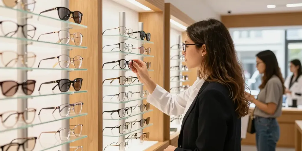 Ótica Avaré - cliente experimentando óculos modernos em uma loja de óculos elegante