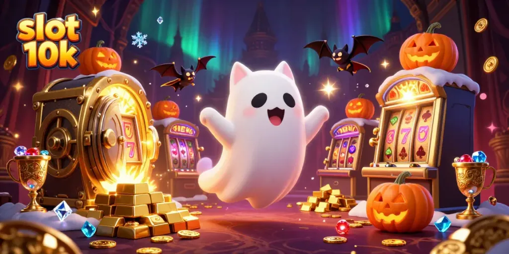 Spin the slot 10k reels with a spirited ghost cat and a cape-wearing bat in a lavish casino.