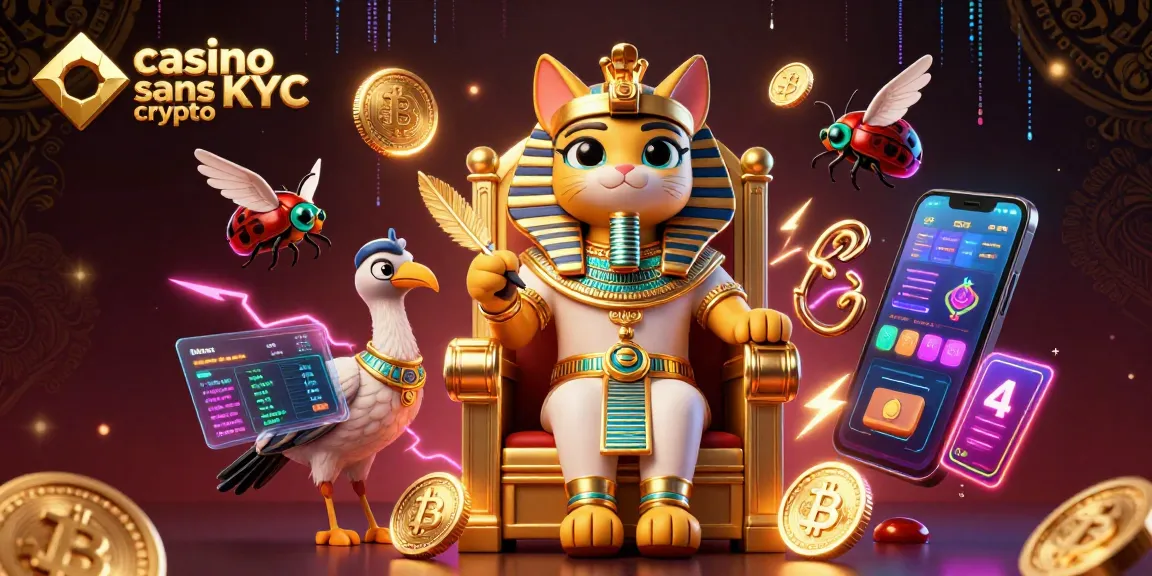 Illustration animée captivante représentant un casino sans KYC crypto avec un pharaon égyptien et des pièces de crypto-monnaie.