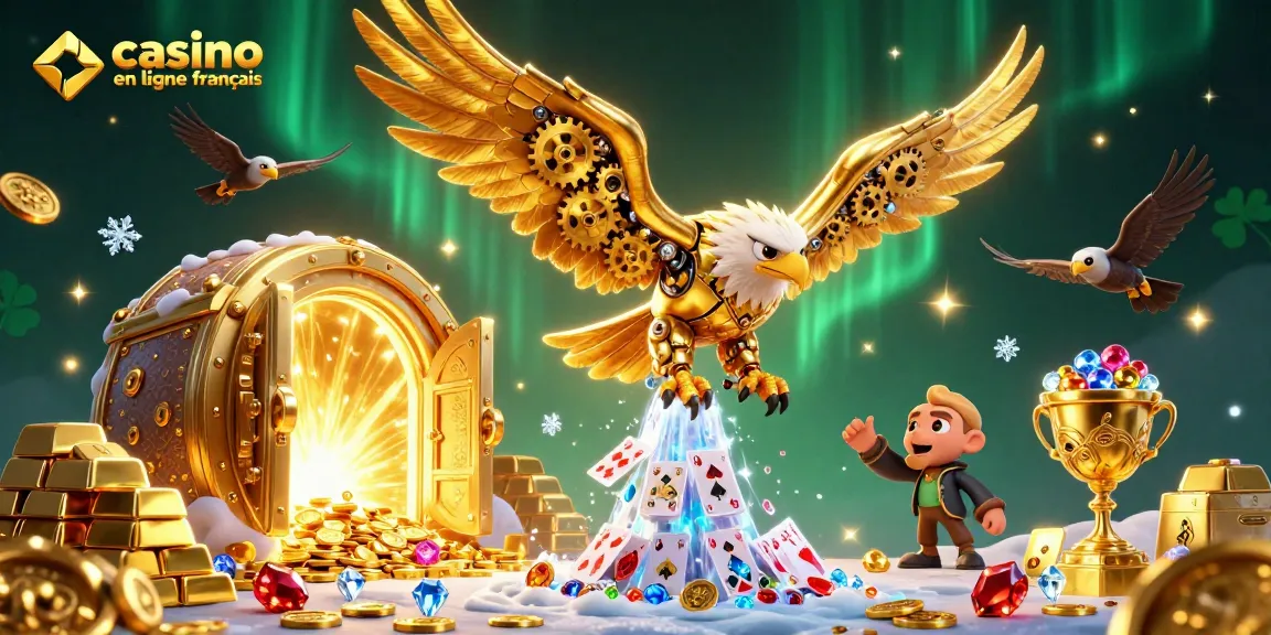 Illustration dynamique de casino en ligne français avec un aigle cybernétique et des cartes holographiques.