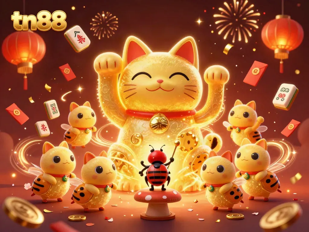 Engage in thrilling gameplay with tn88, featuring a lucky cat surrounded by casino symbols and festive elements.