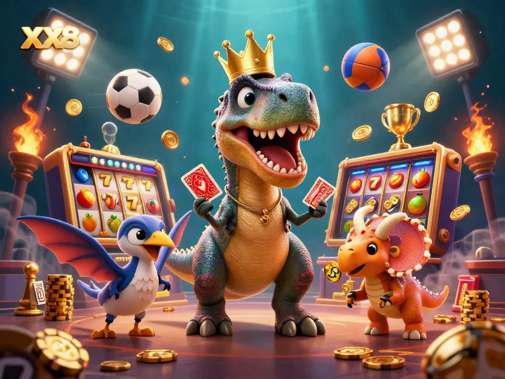 Engage in thrilling gameplay at xx8 with a colorful scene featuring a T-Rex card player, slot machines, and gaming elements.