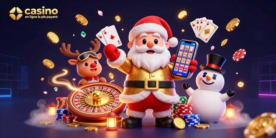 Découvrez le casino en ligne le plus payant avec le Père Noël, ses amis, et plein de jetons dans une scène dynamique.