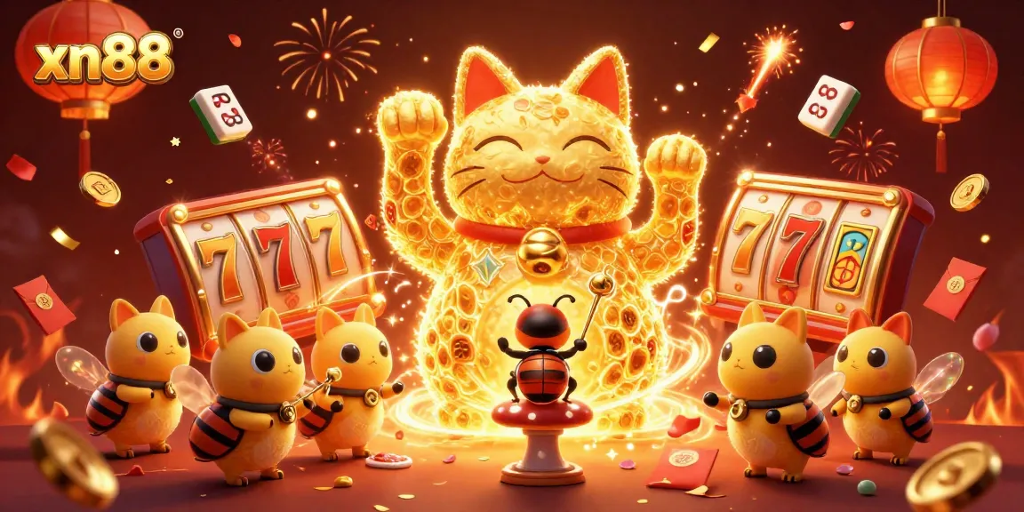 Experience the excitement of xn88 with a giant lucky cat and casino symbols in a vibrant celebration.