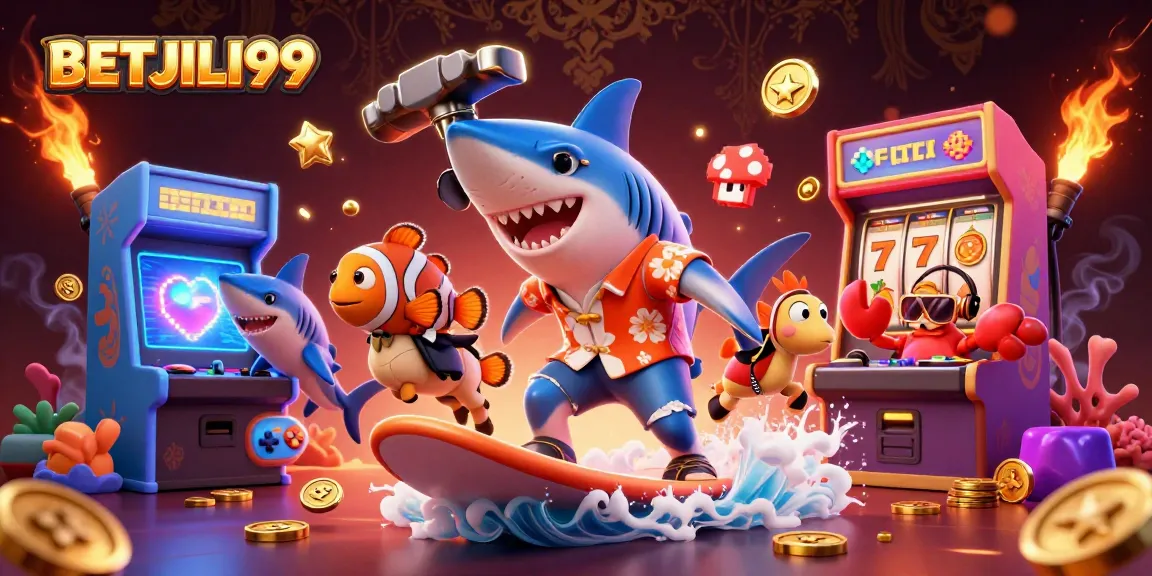 Experience vibrant casino gaming action with BETJILI99, featuring a shark and a DJ crab.