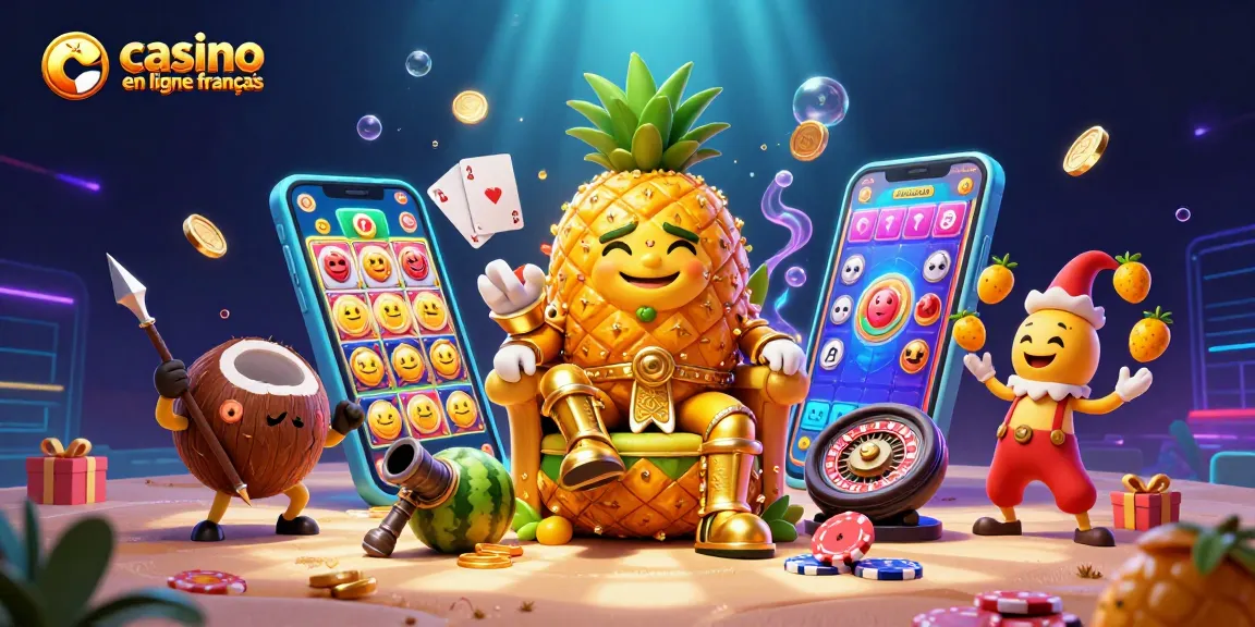 Jouez à casino en ligne français avec des personnages animés sur une plage, machines à sous et effets lumineux.