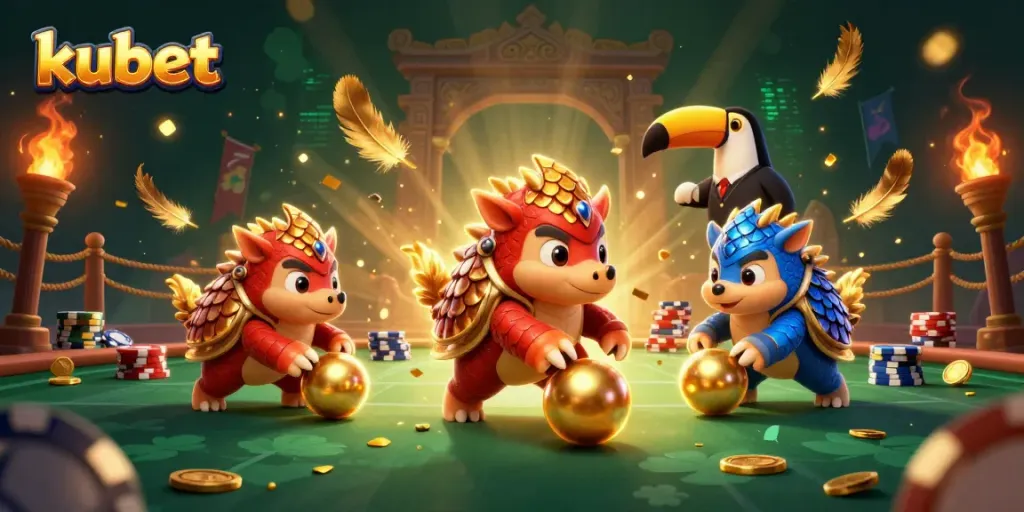 Bowling pangolins at kubet, rolling golden balls through poker chips in an immersive casino scene.