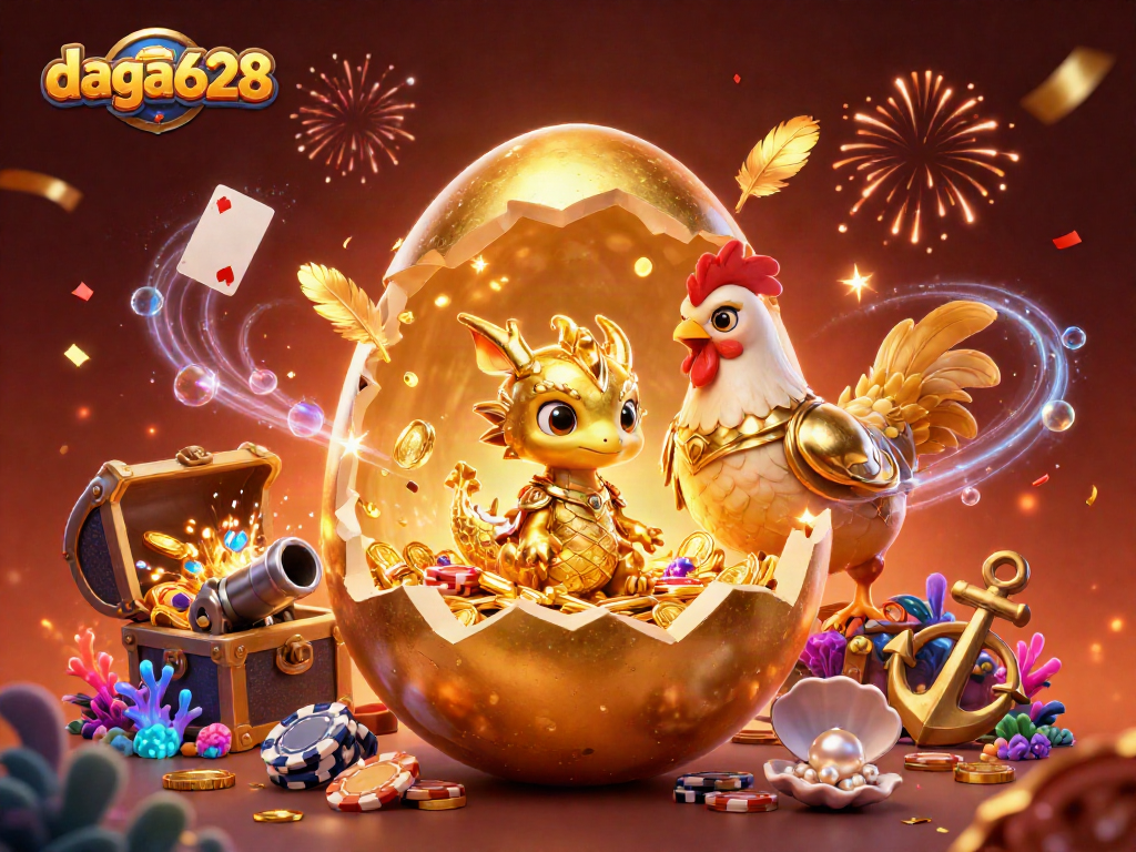 daga628 showcases an exciting illustration of a golden dragon in a vibrant casino environment.