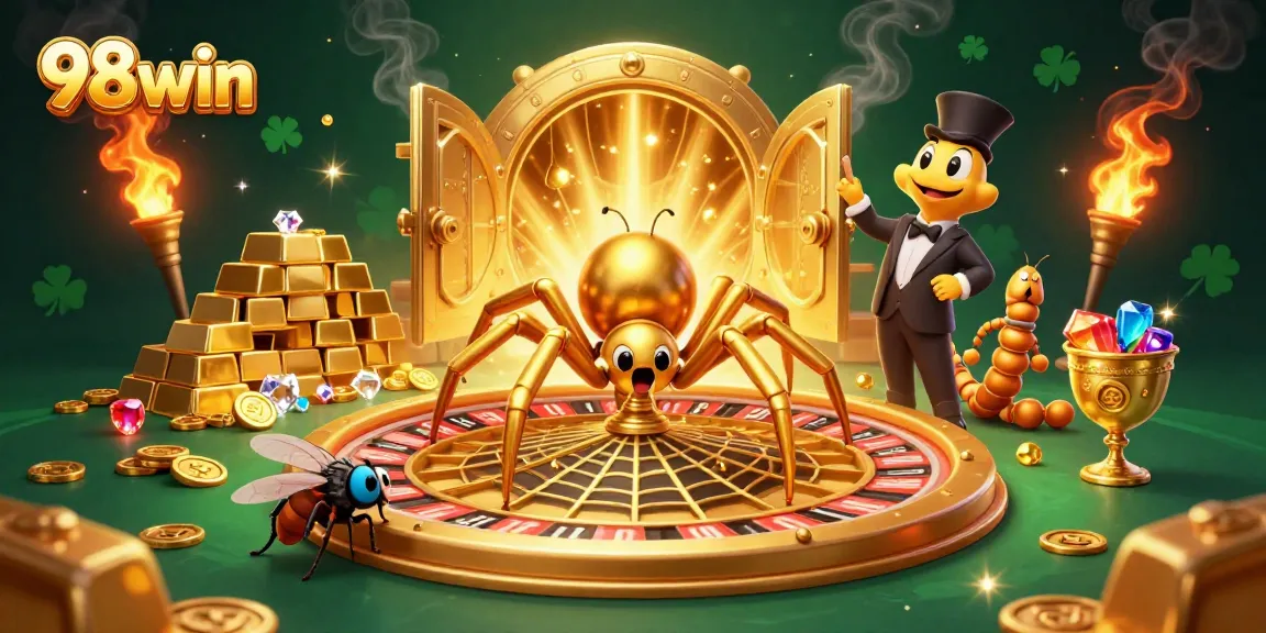 Engage with thrilling bets at 98win's unique casino atmosphere, featuring playful characters.