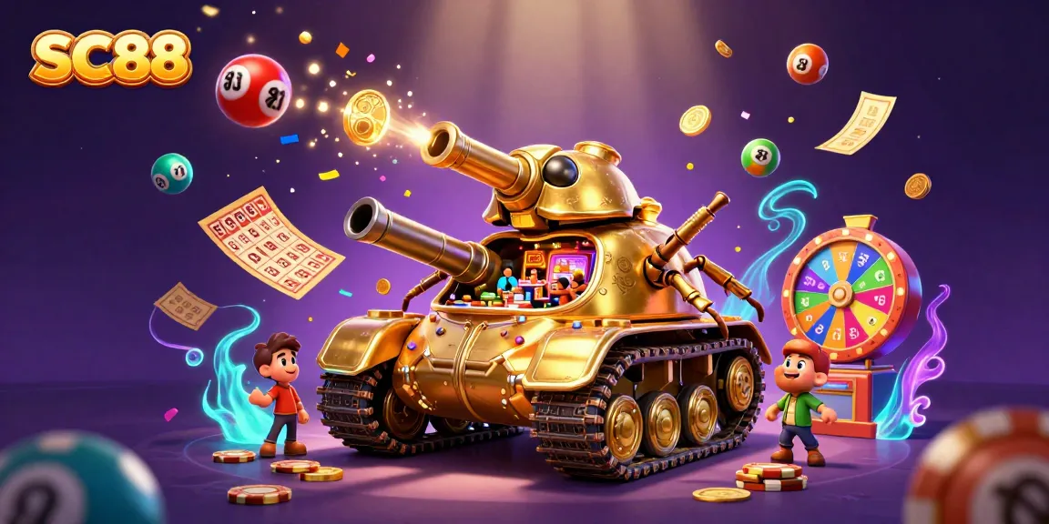 Experience the excitement of the SC88 casino with colorful lottery elements and a dynamic tank showcasing thrilling gaming.