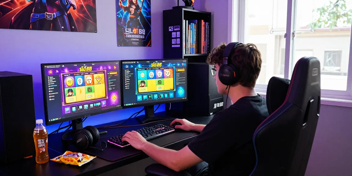 Exciting scene of a gamer engaged with slot88 games in a vibrant gaming setup.