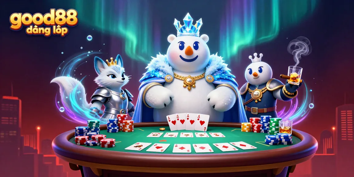 Engage in high-stakes gaming with good88 đăng nhập, featuring vibrant poker elements and charming characters.