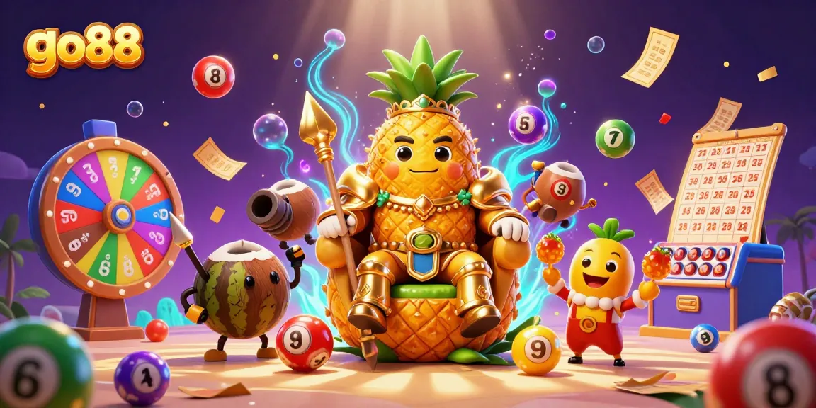 Engage with go88's vibrant gaming scene featuring a golden pineapple king, lottery elements, and casino excitement.