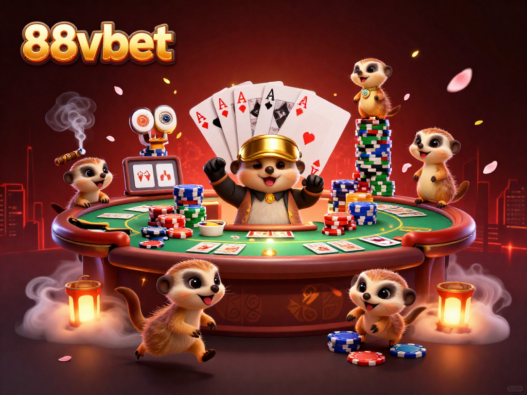 Experience the excitement of 88vbet with meerkats in a vibrant casino scene.