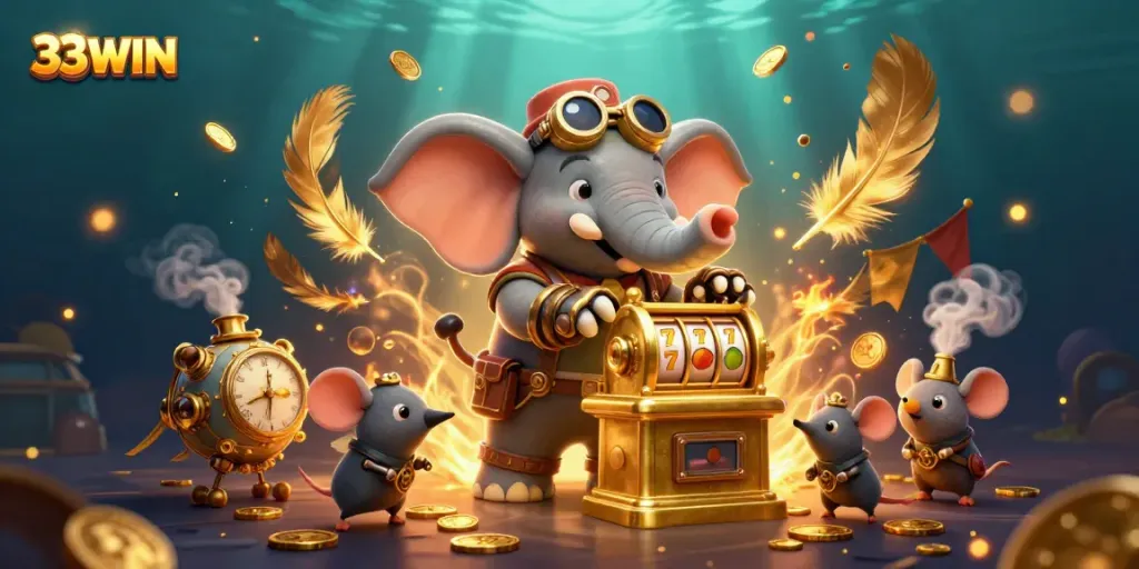 33WIN showcases an exciting scene with a steampunk elephant engaging slot machine action