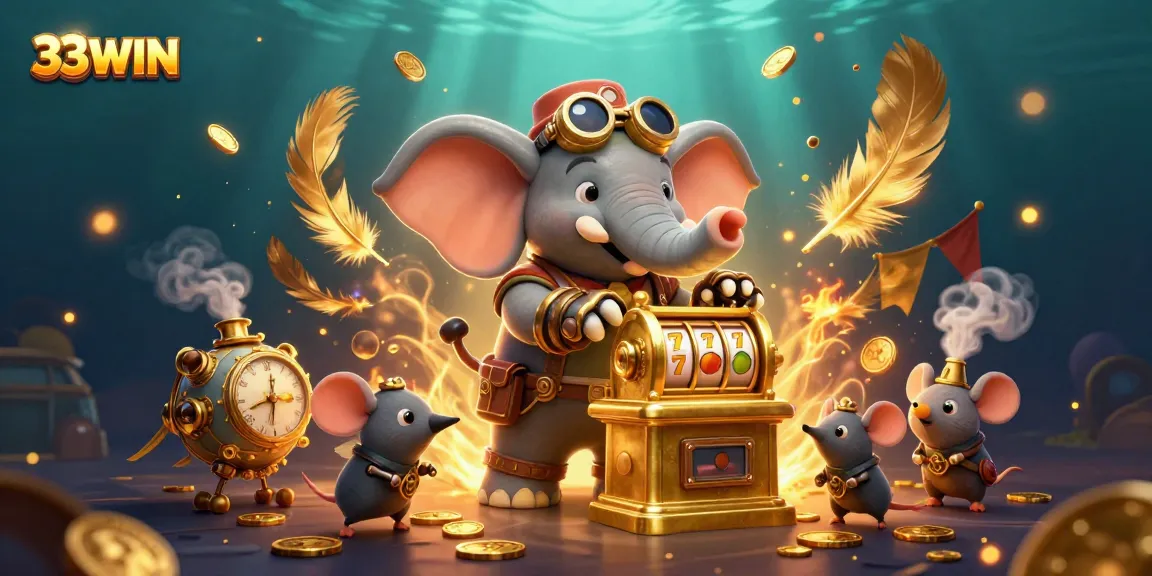 33WIN showcases an exciting scene with a steampunk elephant engaging slot machine action