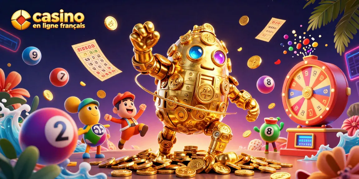 Jouez à des jeux dans le casino en ligne français avec un golem de pièces d'or fascinant.