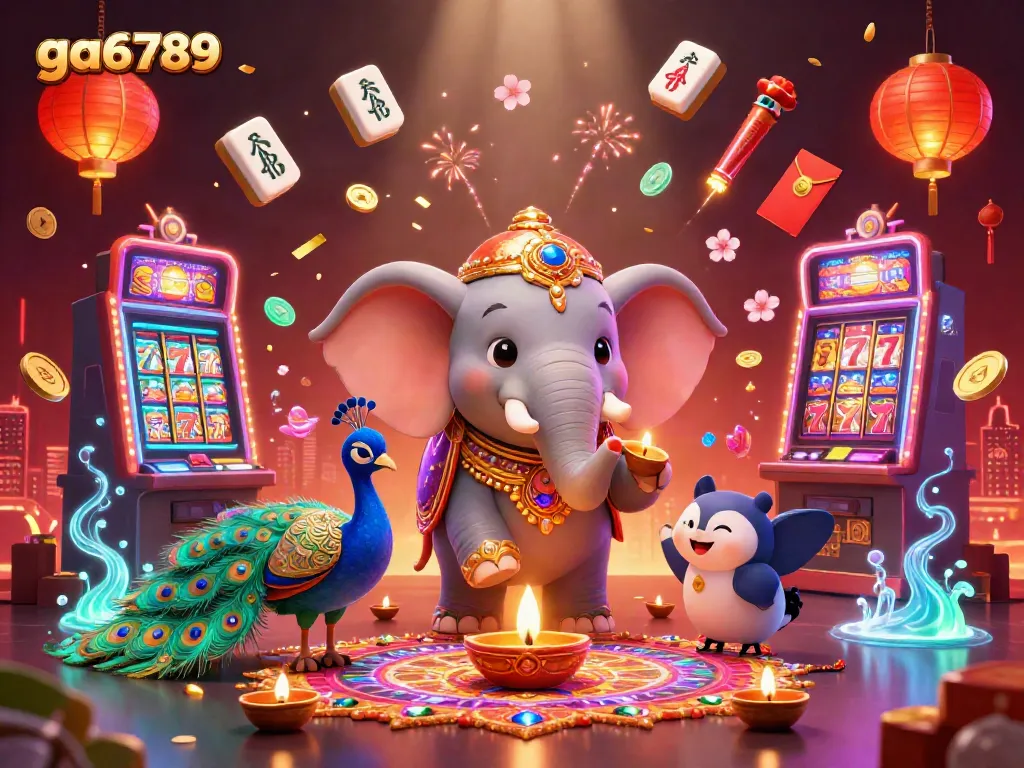 Engage in vibrant gaming action at ga6789 with colorful visuals of casino elements and a Diwali-themed elephant.