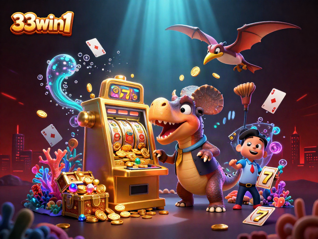 33win1 casino scene showing a pachycephalosaurus triggering a jackpot on a slot machine amidst flying coins.