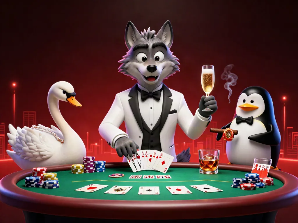 Experience thrilling gameplay with cakhiatv while a debonair wolf, elegant swan, and penguin sommelier create a lively casino scene.