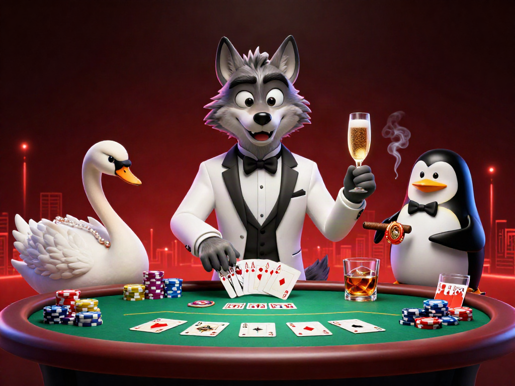 Experience thrilling gameplay with cakhiatv while a debonair wolf, elegant swan, and penguin sommelier create a lively casino scene.