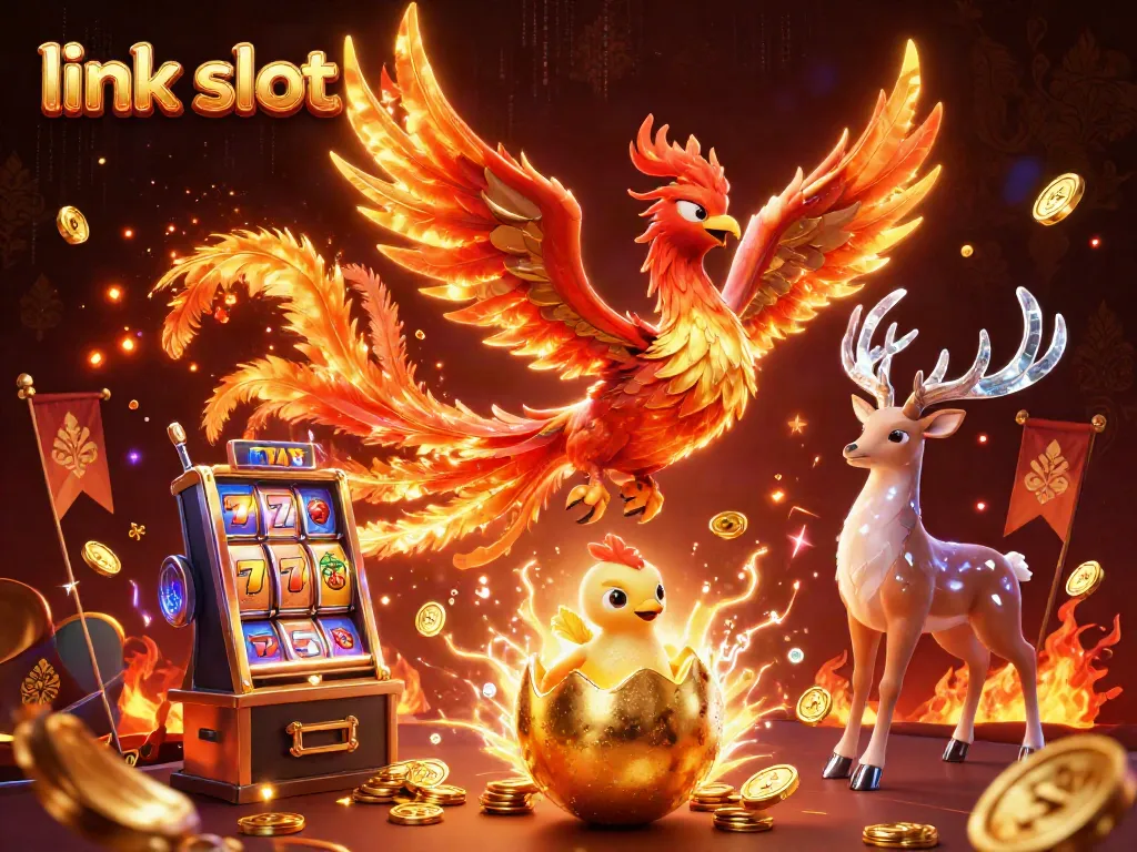 Win big with the link slot featuring a phoenix and mystical stag in a vibrant casino scene.