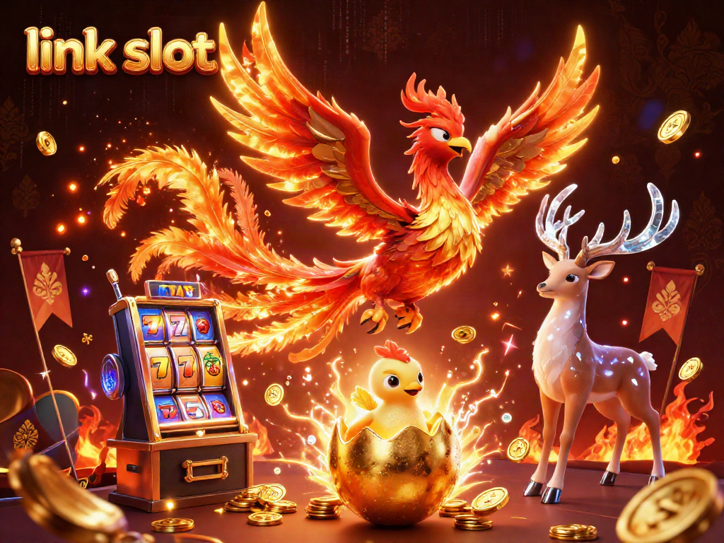 Win big with the link slot featuring a phoenix and mystical stag in a vibrant casino scene.