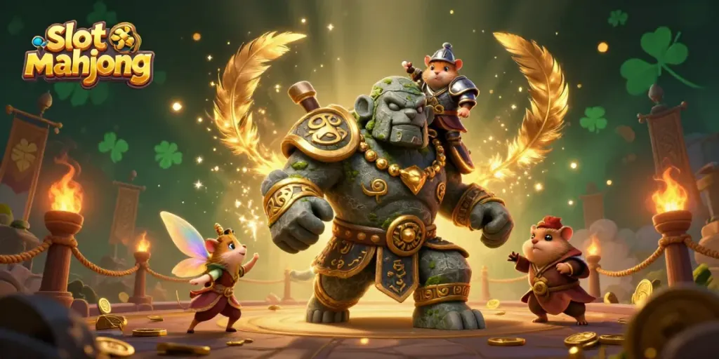 Slot Mahjong: Golem mistis dan kesatria hamster dalam arena perjudian yang penuh bintang.