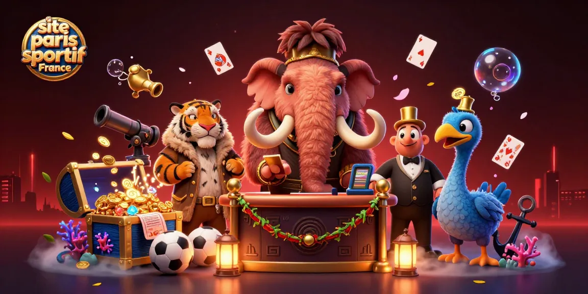Une illustration dynamique du site paris sportif France avec des personnages de casino et des éléments sportifs.